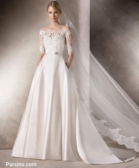 لباس عروس آستین گیپور , مدل لباس عروس پوشیده , لباس عروس دنباله دار